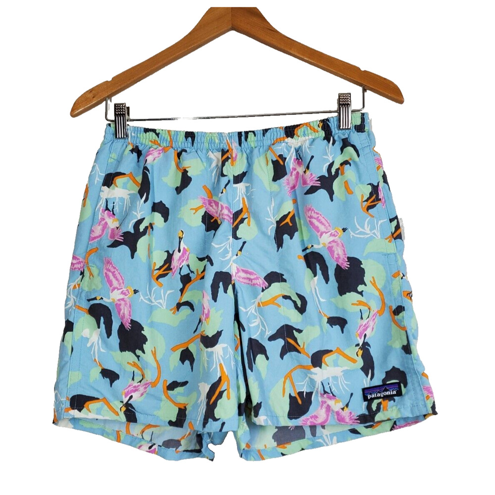 Patagonia Swim Trunks Mens Small BAGGIES Blue BIRD PRINT Board Shorts 5" INSEAM